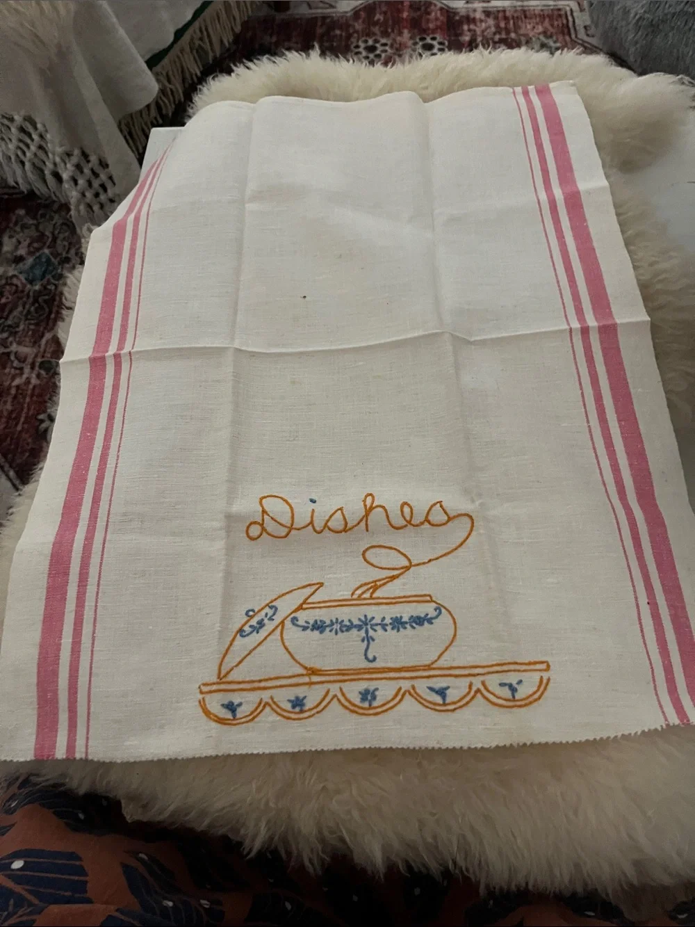 White Embroidered Kitchen Tea Towel with Blue & Orange Dish Motif